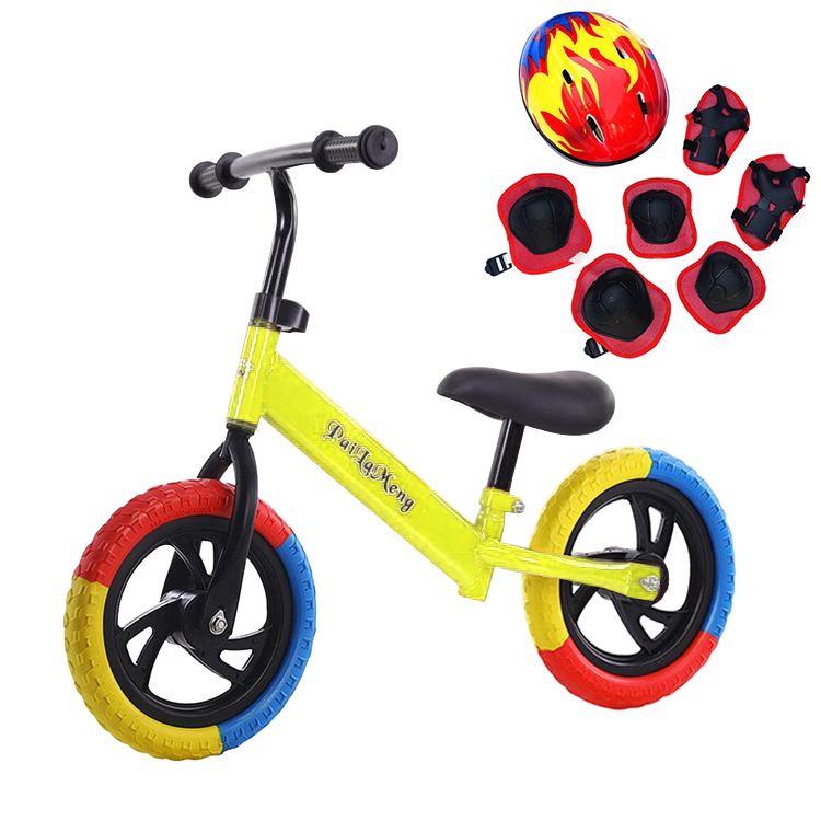 Bicicleta de echilibru pentru incepatori, Fara pedale, Pentru copii intre 2 si 5 ani, Galbena, Echipament protectie