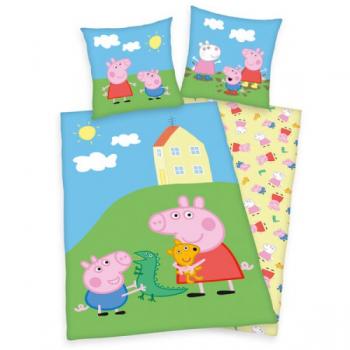 Lenjerie de pat Peppa Pig, pentru copii, din bumbac, reversibila, 2 piese, o husa pilota 140/200 cm, o husa perna 70/90 cm