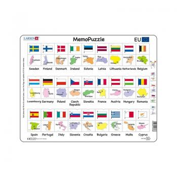 Puzzle maxi Memo cu numele, steagurile si capitalele a 27 de state membre ale UE, orientare tip vedere, 54 de piese, Larsen