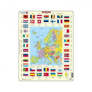 Puzzle maxi Harta Europei si steagurile tarilor din Europa, orientare tip portret, 70 de piese, Larsen, romana
