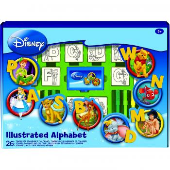 Set educativ cu stampile Alfabet Disney 46 piese, 26 stampile, tus, 18 carioci si caiet cu activitati Multiprint MP1936