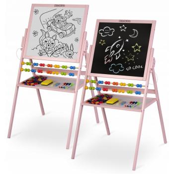 Tabla 2 in 1 pentru copii cu creta sau marker/magnetica, abac, set de creta colorata si markere, burete, cifre si litere magnetice, ricokids 780002, roz