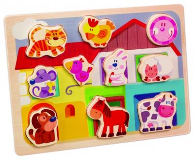 Puzzle lemn RS Toys cu animale domestice in relief