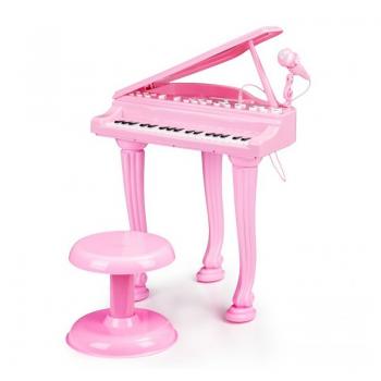 Set pian de jucarie pentru copii, cu microfon de karaoke si scaun incluse, cablu jack 3.5mm, roz pink