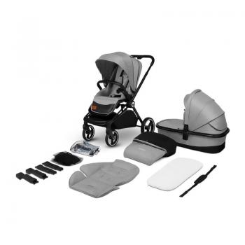 Lionelo - Carucior compact Mika, 2 in 1, Cadru din aluminiu, Cu landou intarit si salteluta moale, Reversibil, Maner ajustabil, Huse pentru picioare, Plasa de tantari, Husa de ploaie, Pana la 22 kg, Gri Deschis