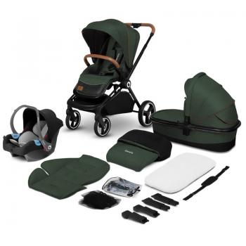 Lionelo - Carucior compact Mika, 3 in 1, Cadru din aluminiu, Cu landou intarit si salteluta moale, Reversibil, Maner ajustabil, Huse pentru picioare, Plasa de tantari, Husa de ploaie, Pana la 22 kg, Verde