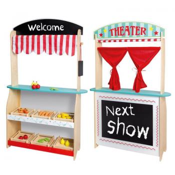 Joueco - Jucarie de lemn in lemn certificat FSC, 2 in 1, Teatru si magazin, Cu accesorii, 110 x 68.5 x 23 cm, 3 ani+, Multicolor