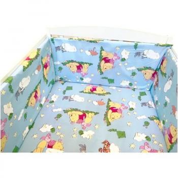 Lenjerie de patut bebelusi 120x60 cm 5 piese cu aparatori laterale pufoase cn winnie de plus albastru