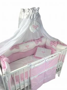 Lenjerie little princess cu aparatori în 2 culori pat 120x60 cm,  fundițe și buzunar accesorii deseda roz pal