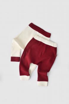Set 2 pantaloni ribana bebe unisex din bumbac organic si 5%elastan - ecru/bordo, baby cosy (marime: 9-12 luni)