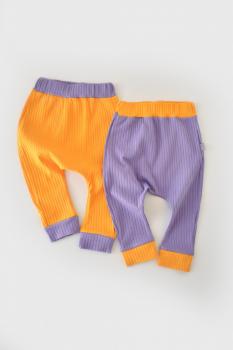 Set 2 pantaloni ribana bebe unisex din bumbac organic si 5%elastan - galben/mov (marime: 6-9 luni)