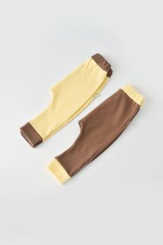 Set 2 pantaloni ribana bebe unisex din bumbac organic si 5%elastan - vanilie/maro (marime: 6-9 luni)