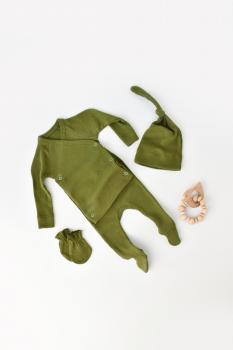Set 4 piese: bluza, pantaloni, caciulita si manusi din bumbac organic si modal - verde, baby cosy (marime: 3-6 luni)