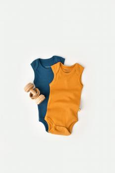 Set 2 body-uri fara maneci bebe unisex din bumbac organic si modal - bleumarin/sofran, baby cosy (marime: 6-9 luni)
