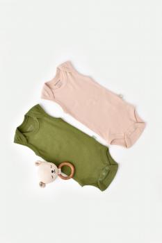 Set 2 body-uri fara maneci bebe unisex din bumbac organic si modal - verde/blush, baby cosy (marime: 6-9 luni)