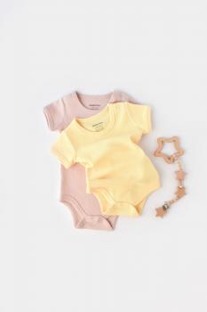 Set 2 body-uri bebe unisex -100% bumbac organic - galben/roz, baby cosy (marime: 6-9 luni)