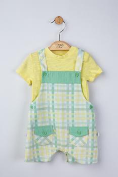 Set salopeta cu tricou in carouri pentru bebelusi, tongs baby (culoare: galben, marime: 3-6 luni)