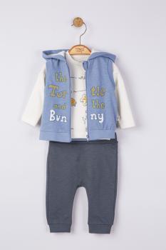 Set 3 piese: pantaloni, bluzita si vestuta pentru bebelusi, tongs baby (culoare: albastru, marime: 9-12 luni)