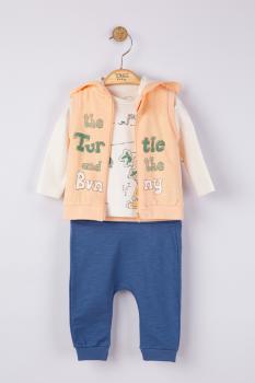 Set 3 piese: pantaloni, bluzita si vestuta pentru bebelusi, tongs baby (culoare: somon, marime: 6-9 luni)