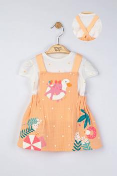Set rochita din muselina cu tricou cu bulinute pentru fetite, tongs baby (marime: 3-6 luni, culoare: somon)
