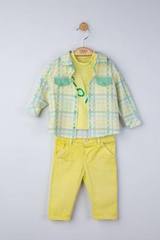 Set 3 piese: blugi, tricou si camasa in carouri pentru bebelusi, tongs baby (culoare: galben, marime: 9-12 luni)