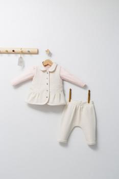 Set 3 piese: pantaloni, bluzita si vestuta eleganta pentru bebelusi paris love, tongs baby (culoare: ecru, marime: 6-9 luni)