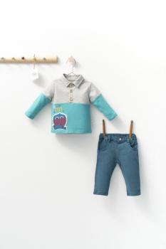 Set cu blugi si bluzita cu guleras pentru bebelusi monster, tongs baby (culoare: turcoaz, marime: 6-9 luni)