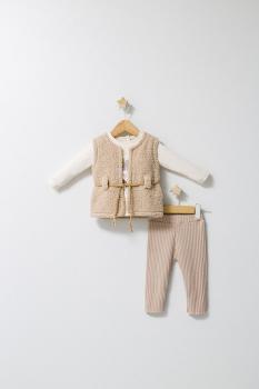 Set 3 piese: pantaloni, bluzita si vestuta eleganta pentru bebelusi fun penguin, tongs baby (marime: 12-18 luni, culoare: crem)