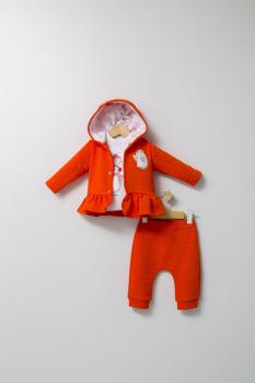 Set 3 piese: pantaloni, bluzita si hainuta cu gluga eleganta pentru bebelusi crazy penguins, tongs baby (culoare: portocaliu, marime: 6-9 luni)