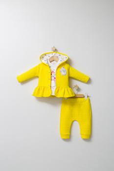 Set 3 piese: pantaloni, bluzita si hainuta cu gluga eleganta pentru bebelusi crazy penguins, tongs baby (culoare: galben, marime: 6-9 luni)