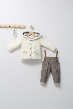 Set 3 piese: pantaloni, bluzita si hainuta pentru bebelusi king, tongs baby (culoare: maro, marime: 9-12 luni)