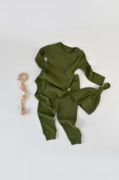 Set 3 piese: body cu maneca lunga, panataloni lungi si caciulita din bumbac organic si modal - verde, baby cosy (marime: 18-24 luni)