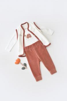 Set 3 piese broscuta cu body, pantalonasi si vestuta din 80%bumbac organic si 20% poliester - caramiziu, baby cosy (marime: 3-6 luni)