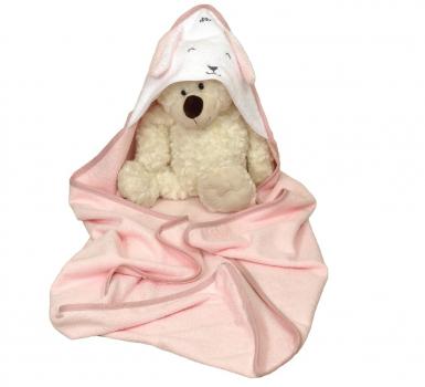 Prosop de baie pentru bebelusi din bumbac frotte, cu gluga, fluffy roz, 75 x 75 cm