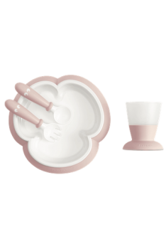 Babybjorn - set hranire: farfurie, lingurita, furculita si pahar pentru bebe, powder pink