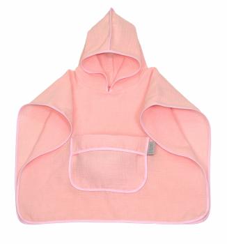 Prosop din bumbac muselina cu gluga si buzunar pentru bebelusi si copii, poncho, rose, 60x65 cm