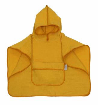 Prosop din bumbac muselina cu gluga si buzunar pentru bebelusi si copii, poncho, galben, 60x65 cm