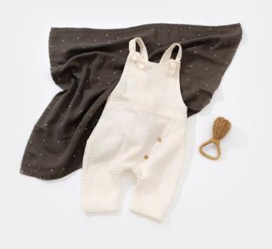 Salopeta de vara cu pantaloni lungi din muselina, babycosy, 100%bumbac, ecru (marime: 6-9 luni)