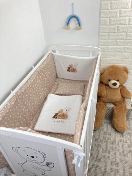 Lenjerie de patut bebelusi personalizata imprimata pat 120x60 cm steluțe pe bej ursuleti