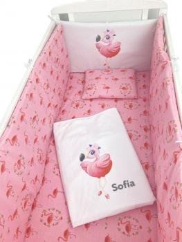 Lenjerie de patut bebelusi personalizata imprimata pat 140x70 cm flamingo