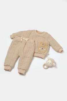 Set bluza dublata si pantaloni ursulet, winter muselin, 100% bumbac - apricot, babycosy (marime: 9-12 luni)