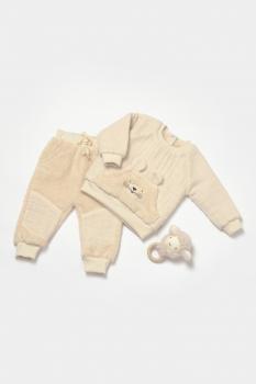 Set bluza cu buzunar si pantaloni ursulet, winter muselin, 100% bumbac dublat - stone, babycosy (marime: 3-6 luni)