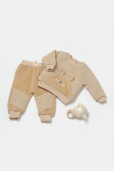 Set bluza cu buzunar si pantaloni ursulet, winter muselin, 100% bumbac dublat - apricot, babycosy (marime: 6-9 luni)