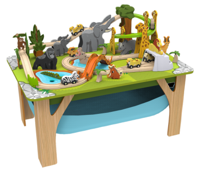 Circuit din lemn cu masinute si masa de joaca incluse Aventura Safari
