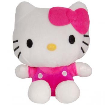 Jucarie din plus hello kitty cu salopeta fuxia, 17 cm