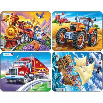 Set 4 Puzzle-uri Pirati, Tractor, Camion, Tren, 8 piese Larsen LRZ7