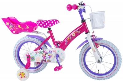 Bicicleta pentru fete 14 inch, cu scaun pentru papusi, roti ajutatoare si cosulet, Minnie Mouse