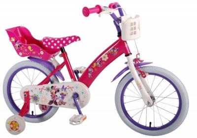 Bicicleta pentru fete 16 inch, cu scaun pentru papusi, roti ajutatoare si cosulet, Minnie Mouse