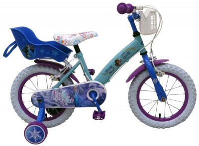Bicicleta pentru fete 14 inch, cu scaun pentru papusi, roti ajutatoare si cosulet, Frozen