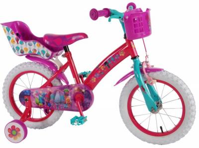 Bicicleta pentru fete 14 inch, cu scaun pentru papusi, roti ajutatoare si cosulet, Trolls